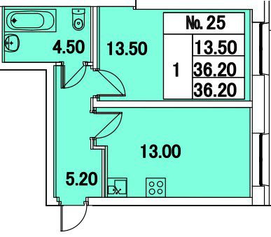 Однокомнатная квартира 36.5 м²